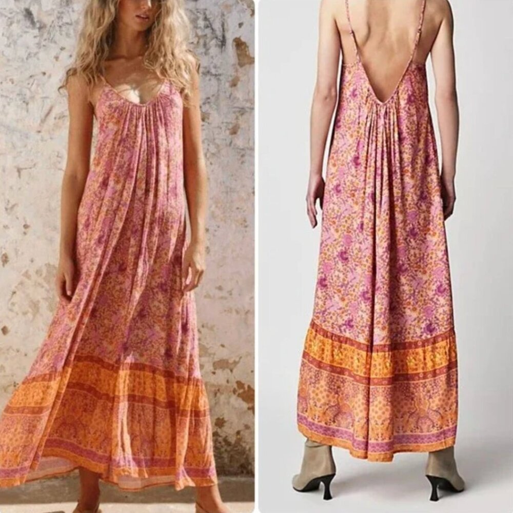 Spell | Village Strappy Maxi Dress in Sunrise Pink & Orange | Size Medium